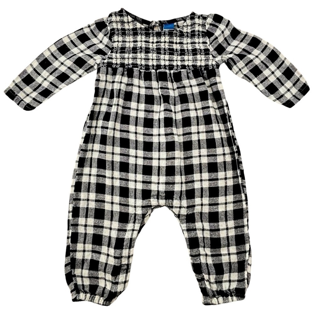 Old Navy Smocked Plaid Flannel Black/ White One Piece Jumpsuit for 6-12 Months